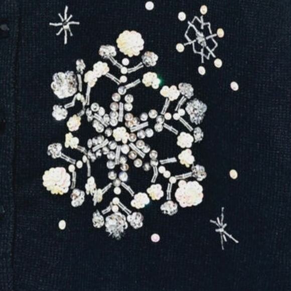 Tiara International Black Cardigan Pink Sequin Beads Snowflakes Size L Christmas - Picture 3 of 6